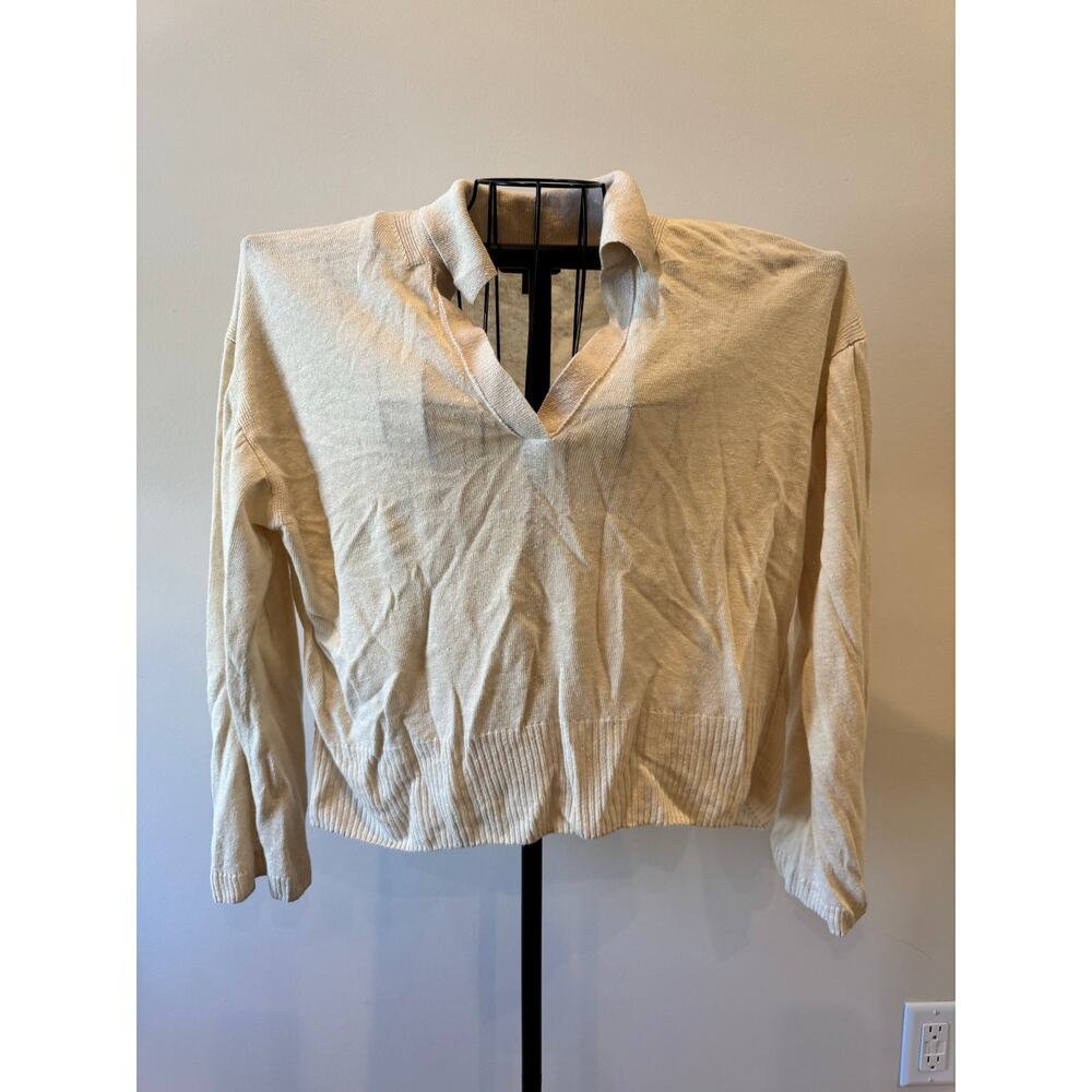 Banana Republic Linen Sweater Small Beige Collared V Neck Lightweight